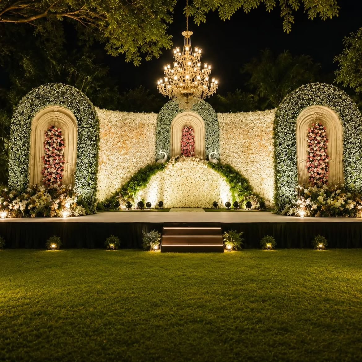 Arched Floral Wall Reception Stage