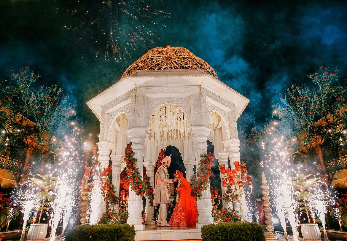 Marble Mandap Varmala with Cold Pyros