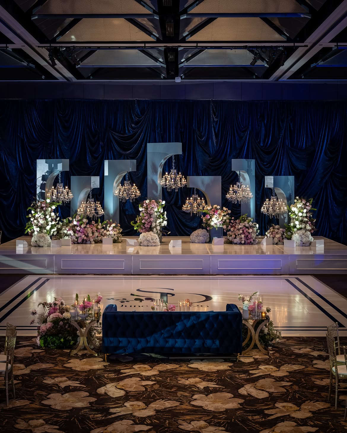 Navy & Blush Ballroom Reception